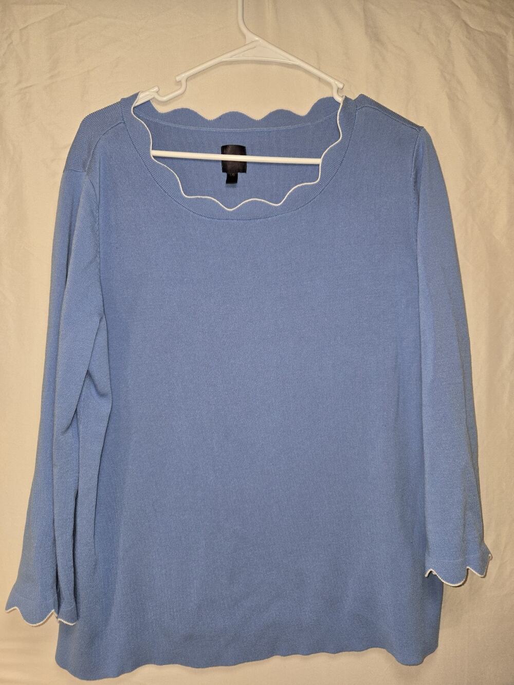Vintage Rafaella Blue Scalloped Neck, Sleeves Knit Top US Womens Size L Very Fem